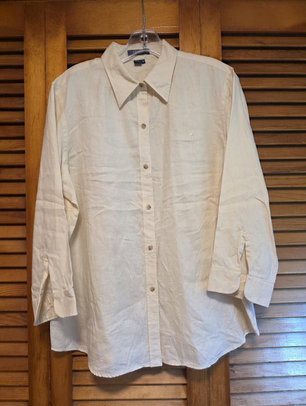 CHAPS Womens XL Cream Linen Button Down Shirt 3/4 Split Cuff Breathable